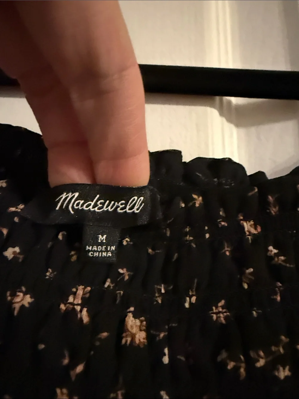 Madewell Black Floral Smocked Blouse with Tan Print